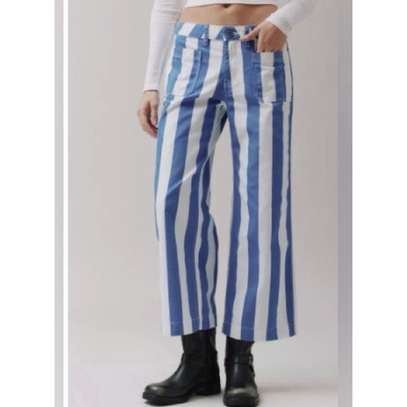 BDG Joey Striped Straight Leg Pants Blue White Wide Crop Sz 28 Urban Out NWT - Picture 4 of 11